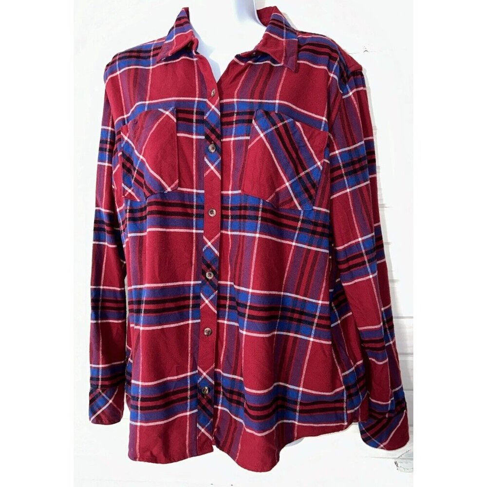 Natural Reflections Sz LARGE Red Blue Plaid Cotton Flannel Shirt Pockets EUC